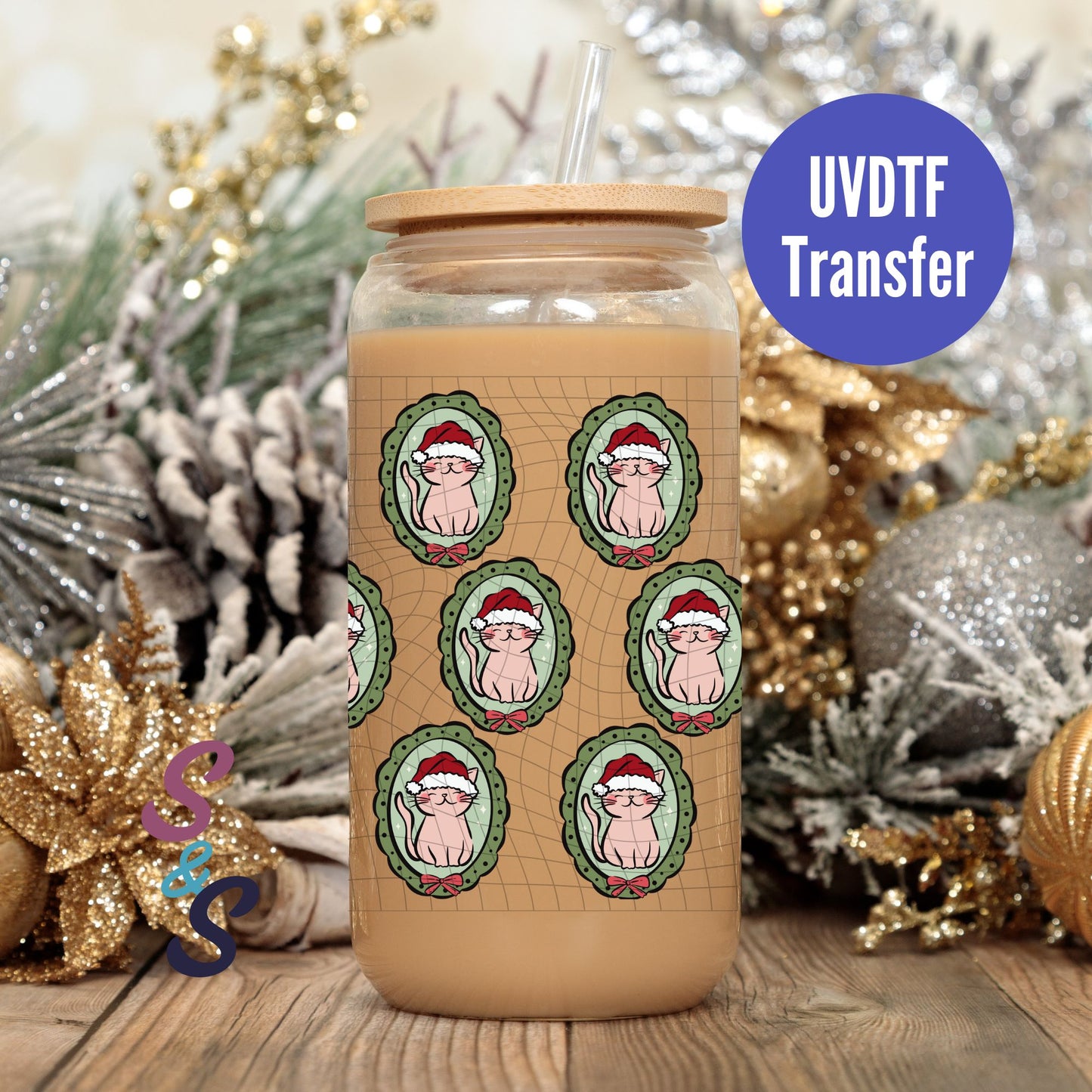 Santa Cat Frames UVDTF Transfer 16 Oz Glass Can Wrap