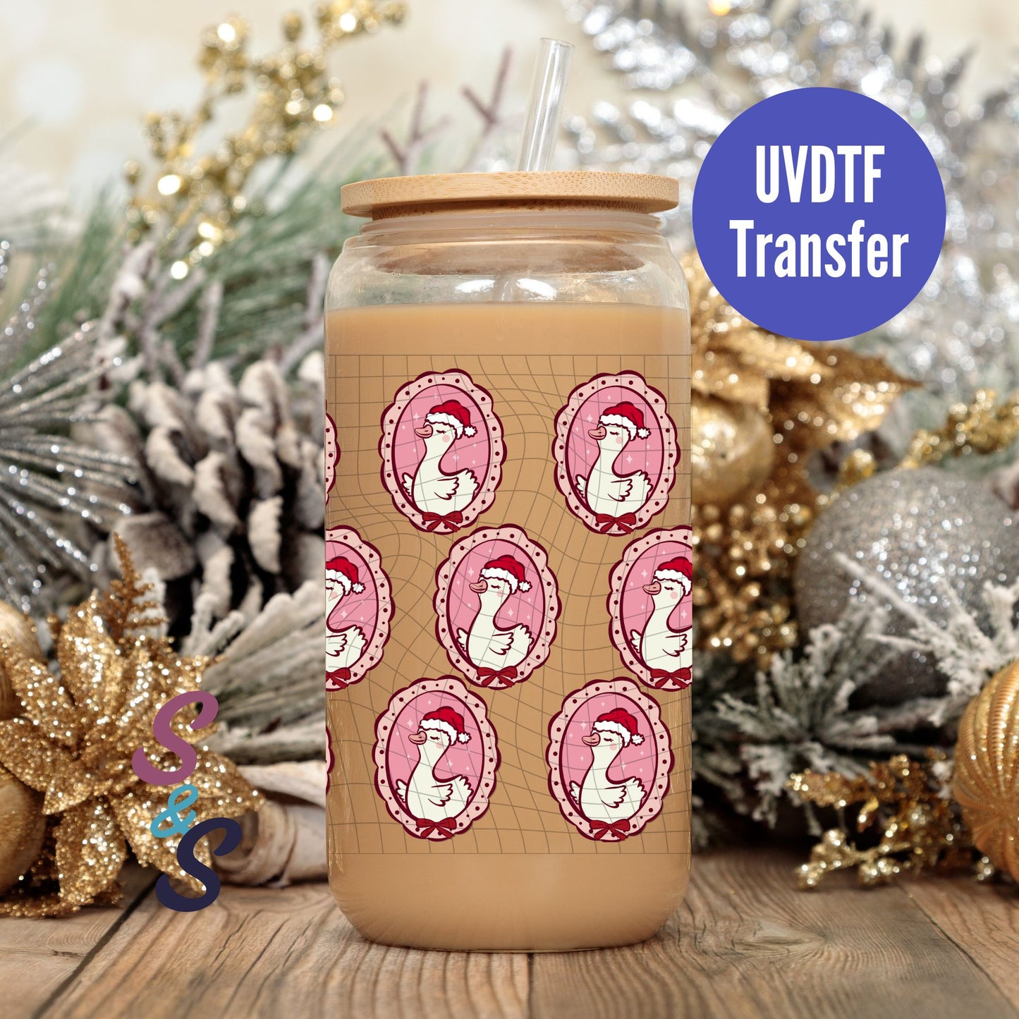 Christmas Goose Frames UVDTF Transfer 16 Oz Glass Can Wrap