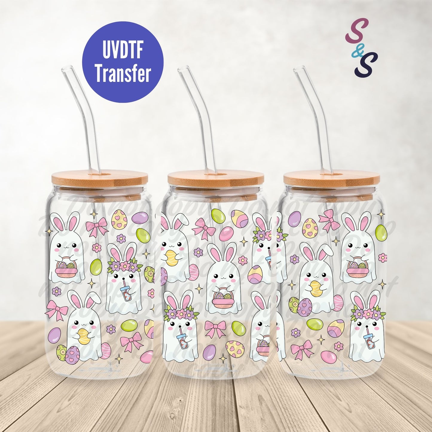 Ghost Bunnies Easter UVDTF Transfer 16 Ounce Glass Cans