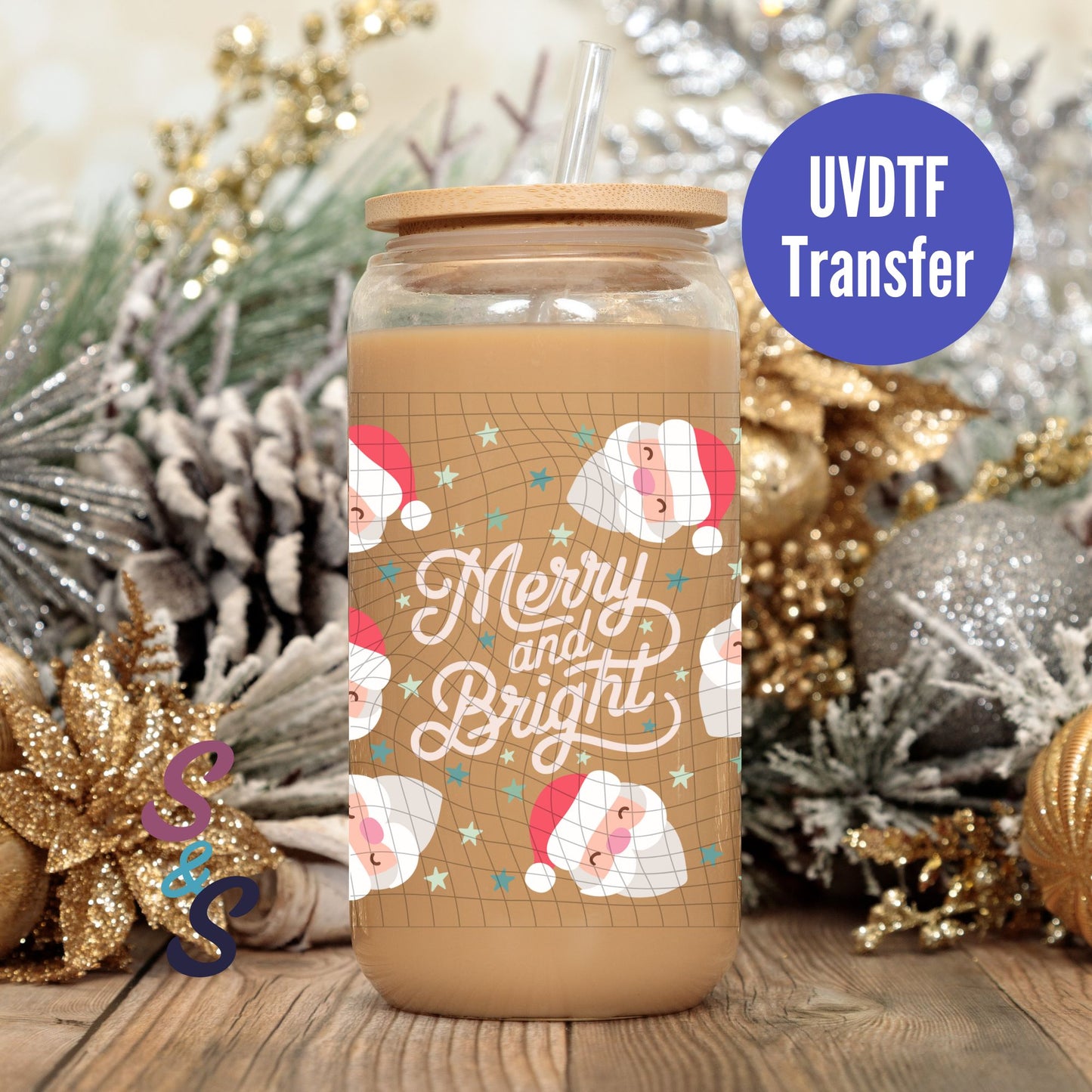 Merry And Bright Santa UVDTF Transfer 16 Oz Glass Can Wrap