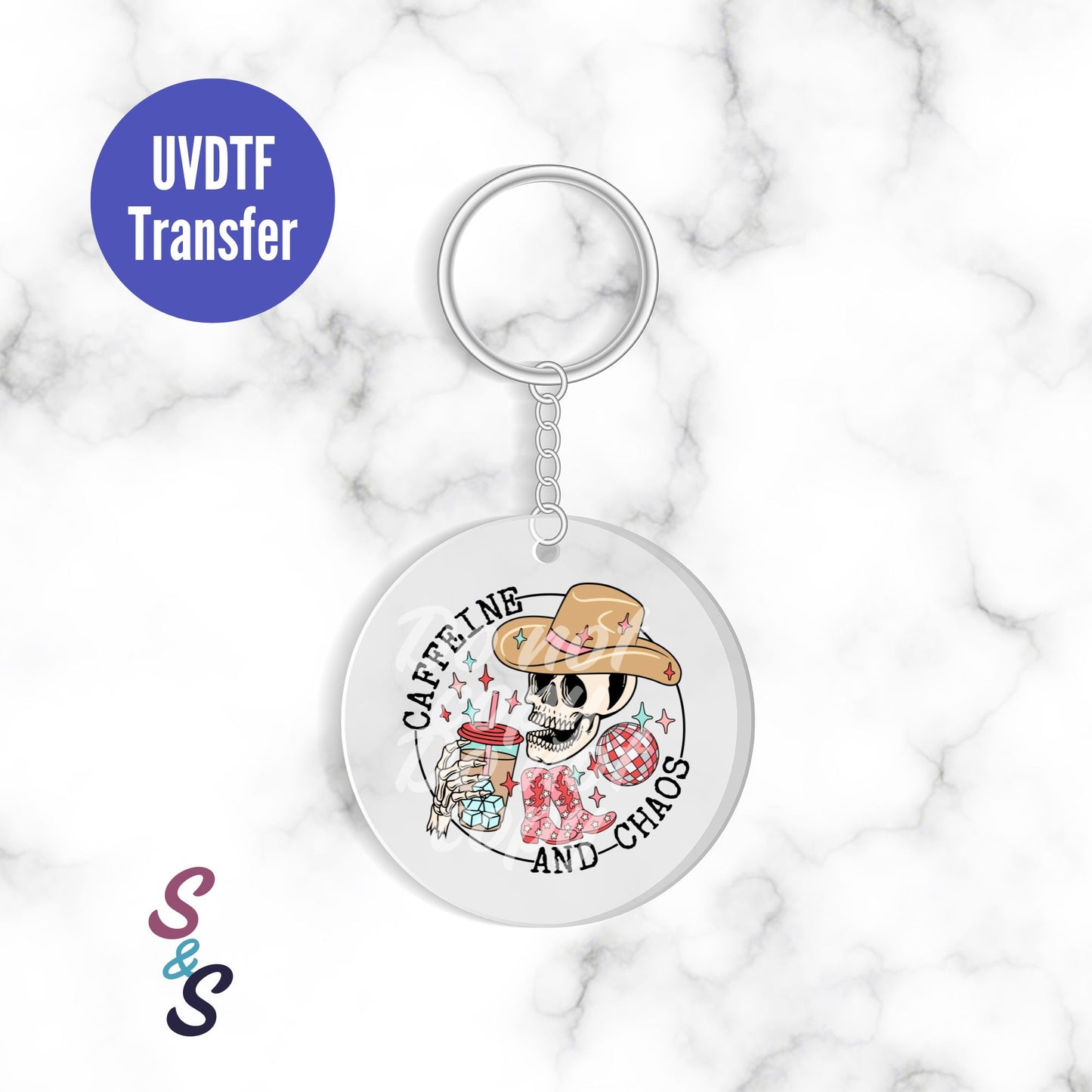 Caffeine and Chaos Skeleton Keychain UVDTF Transfer