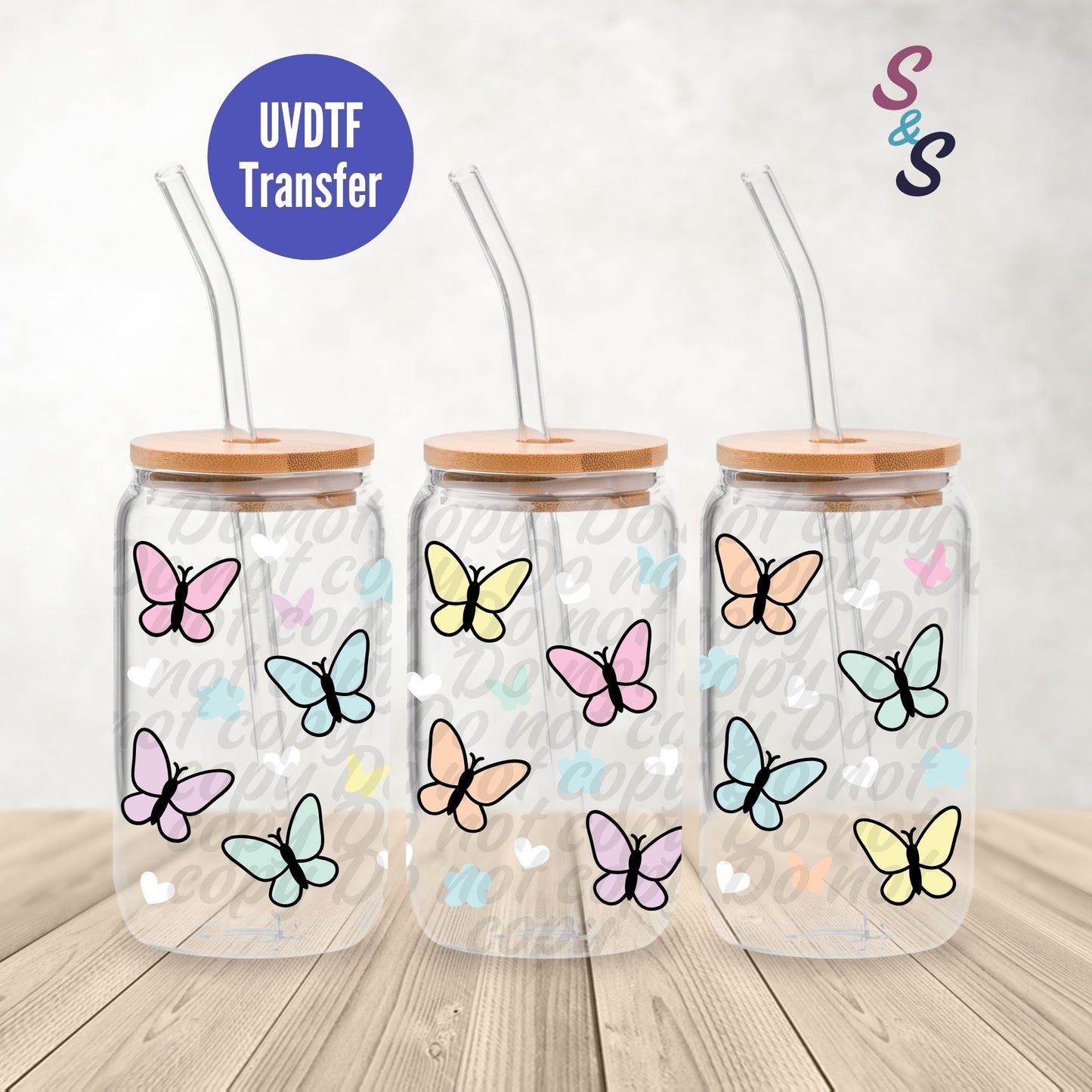 Pastel Butterflies UVDTF Transfer 16 Oz Glass Can Wrap