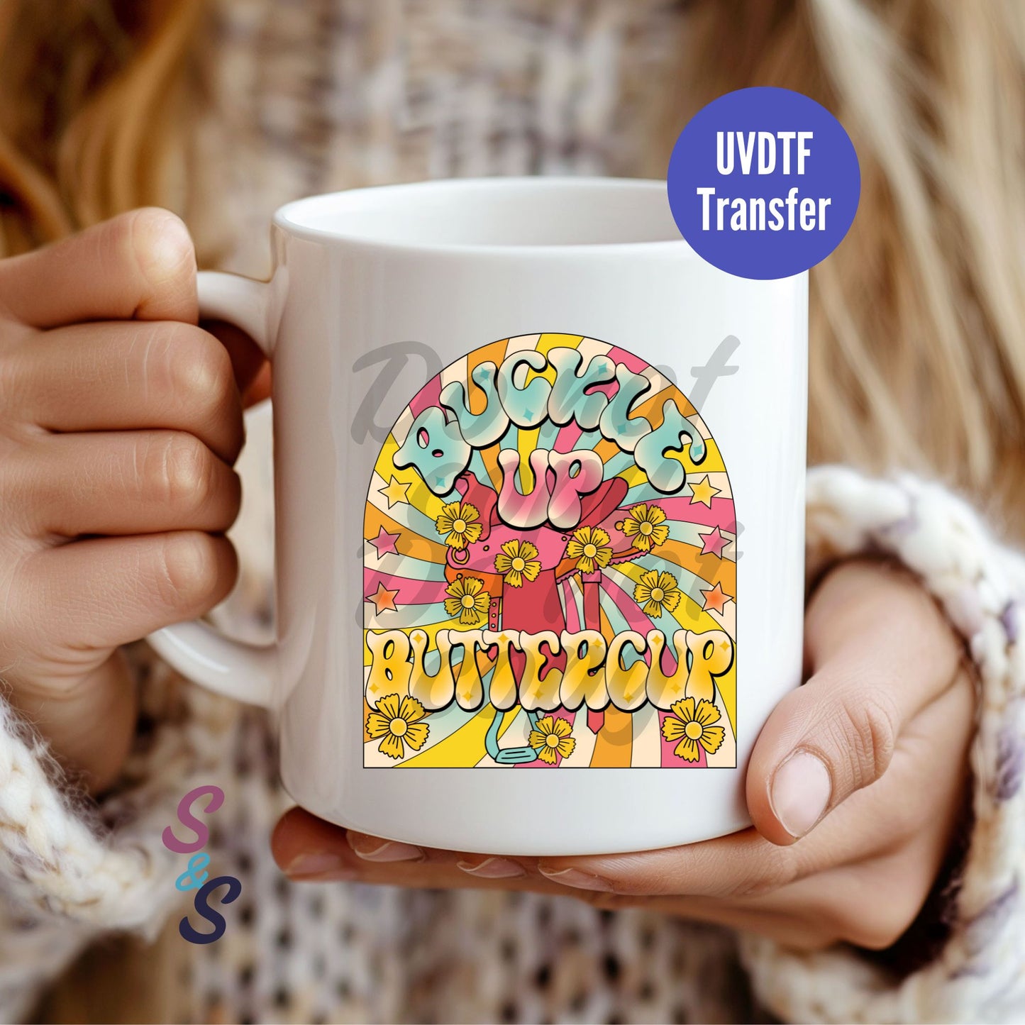 Buckle Up Buttercup Retro Saddle Mug UVDTF Transfer