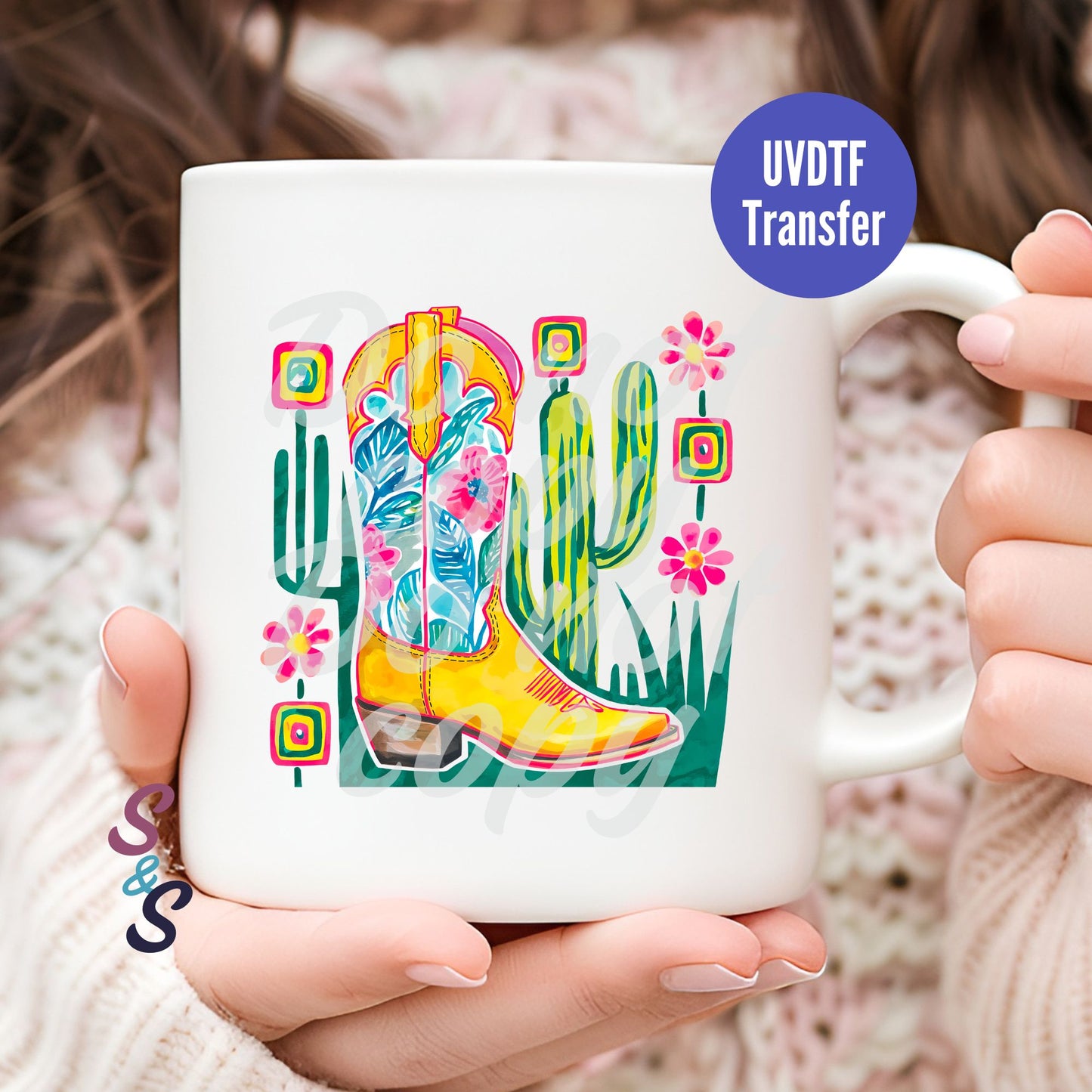 Watercolor Cowboy Boots Mug UVDTF Transfer D193