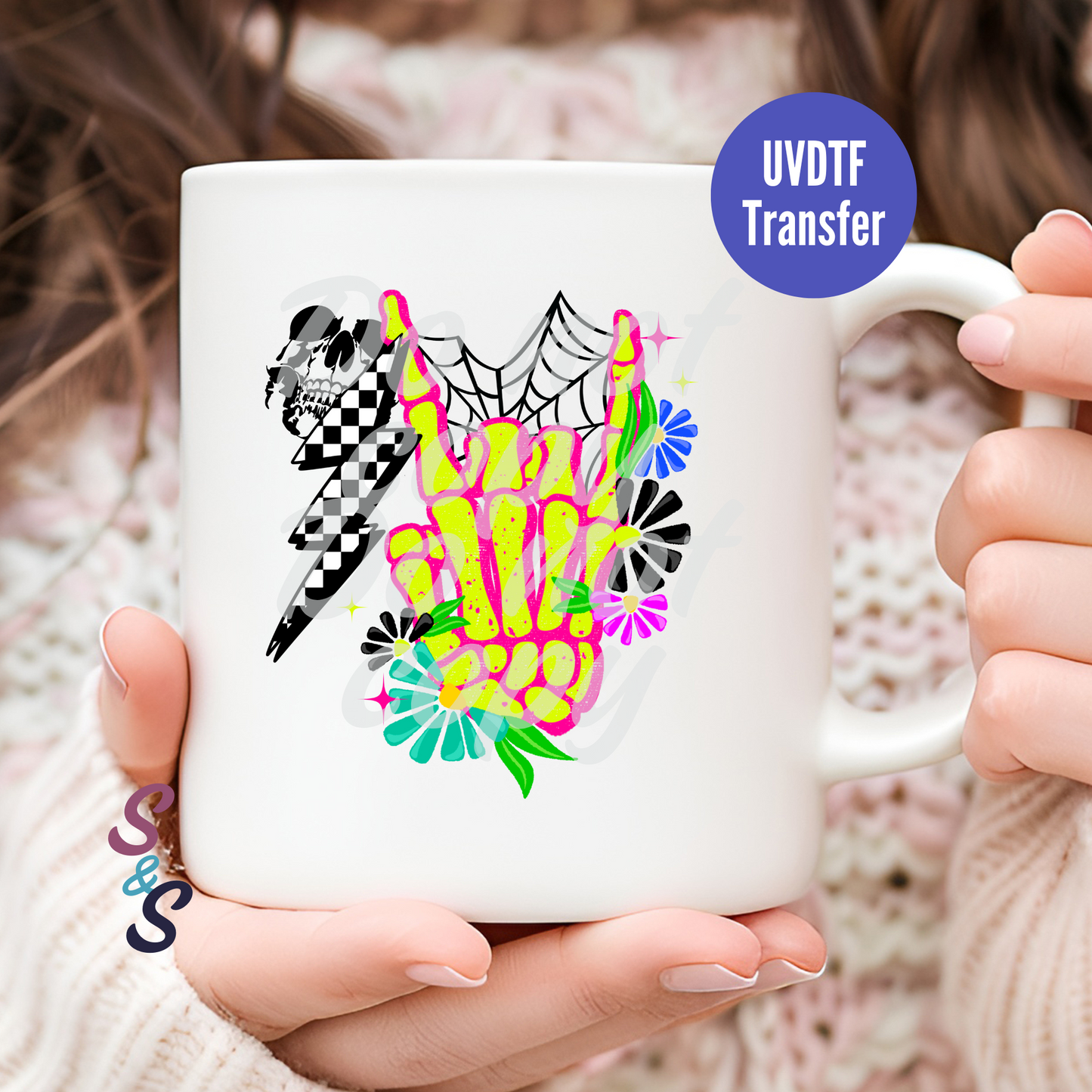Neon Rock On Skull Mug UVDTF Transfer D114