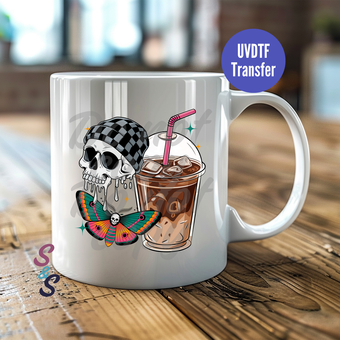 Skull & Moth Iced Coffee Mug UVDTF Transfer D115