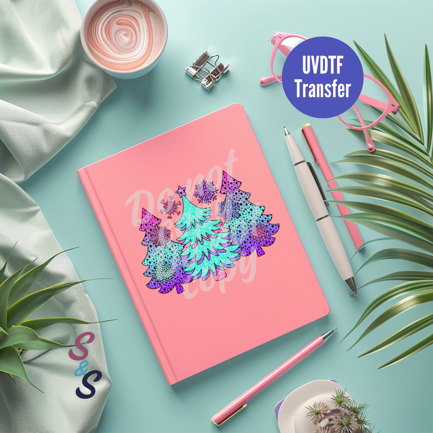 Neon Christmas Trees UVDTF Book/Notebook Transfer C164