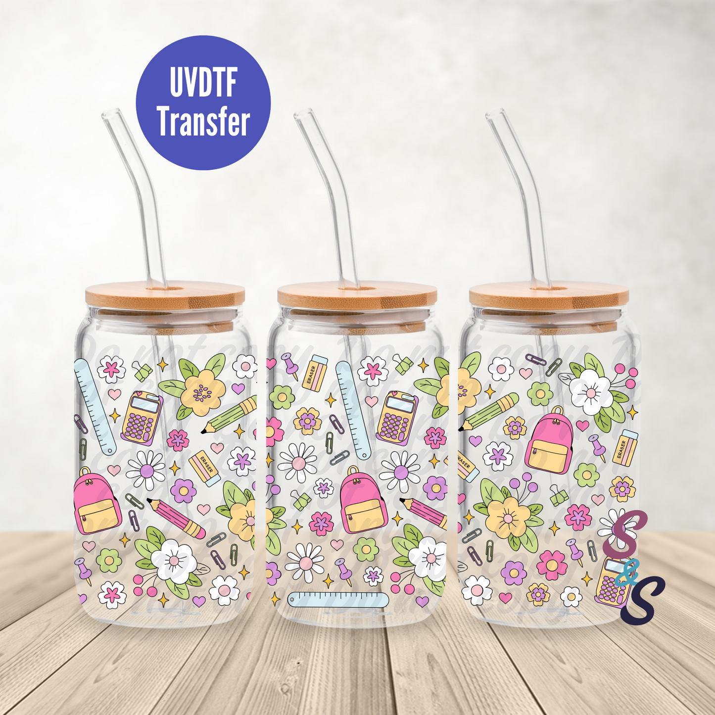 Flowers & School Supplies UVDTF Transfer 16 Oz Glass Can Wrap B117A