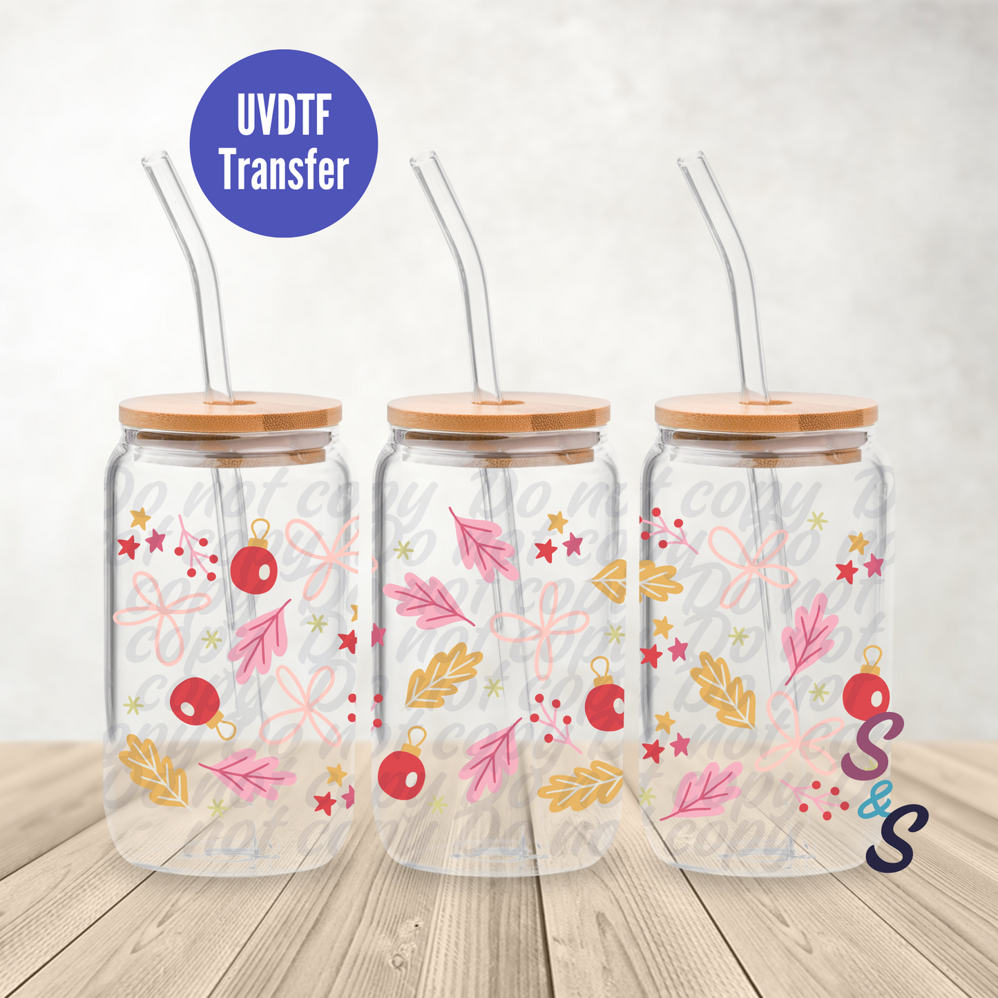 Christmas Leaves UVDTF Transfer 16 Oz Glass Can Wrap E102
