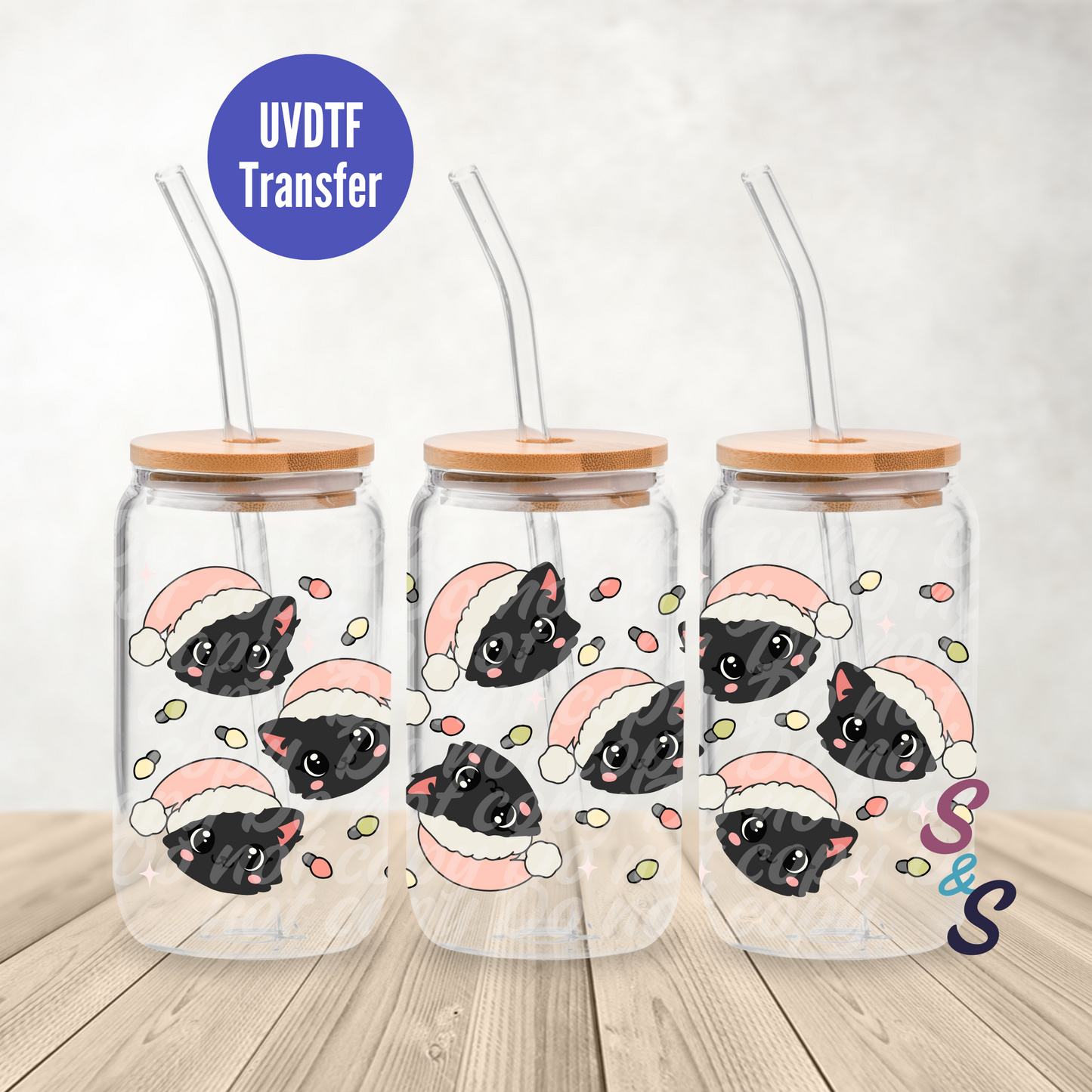 Christmas Cats UVDTF Transfer 16 Oz Glass Can Wrap E103