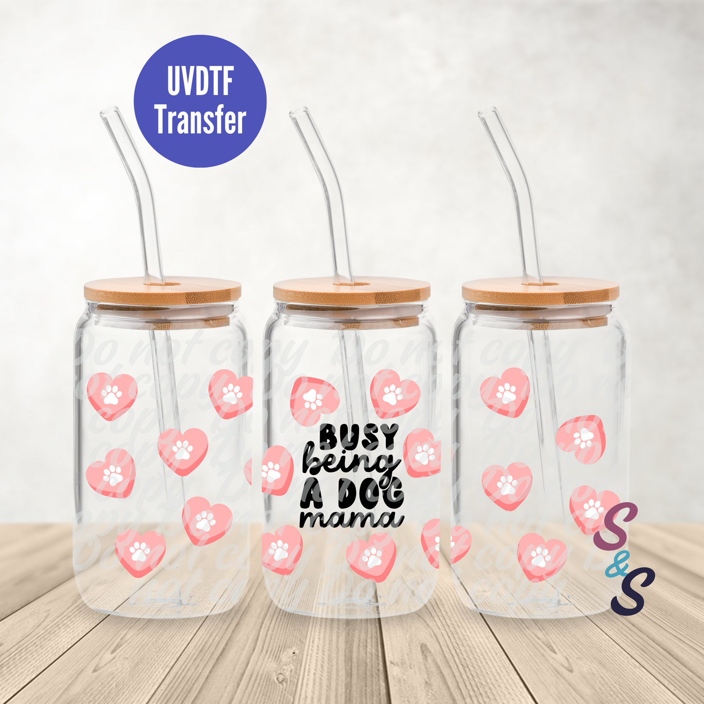 Busy Being A Dog Mama Pink Paw Prints UVDTF Transfer 16 Oz Glass Can Wrap E108