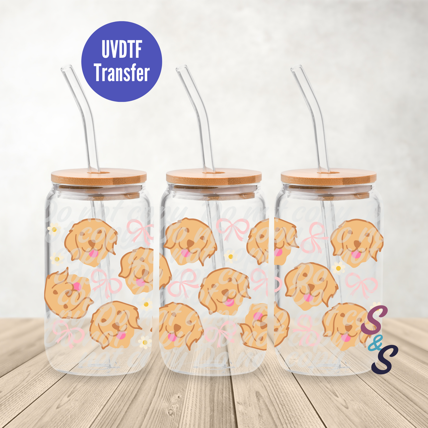 Golden Retriever Dog & Bows UVDTF Transfer 16 Oz Glass Can Wrap E109