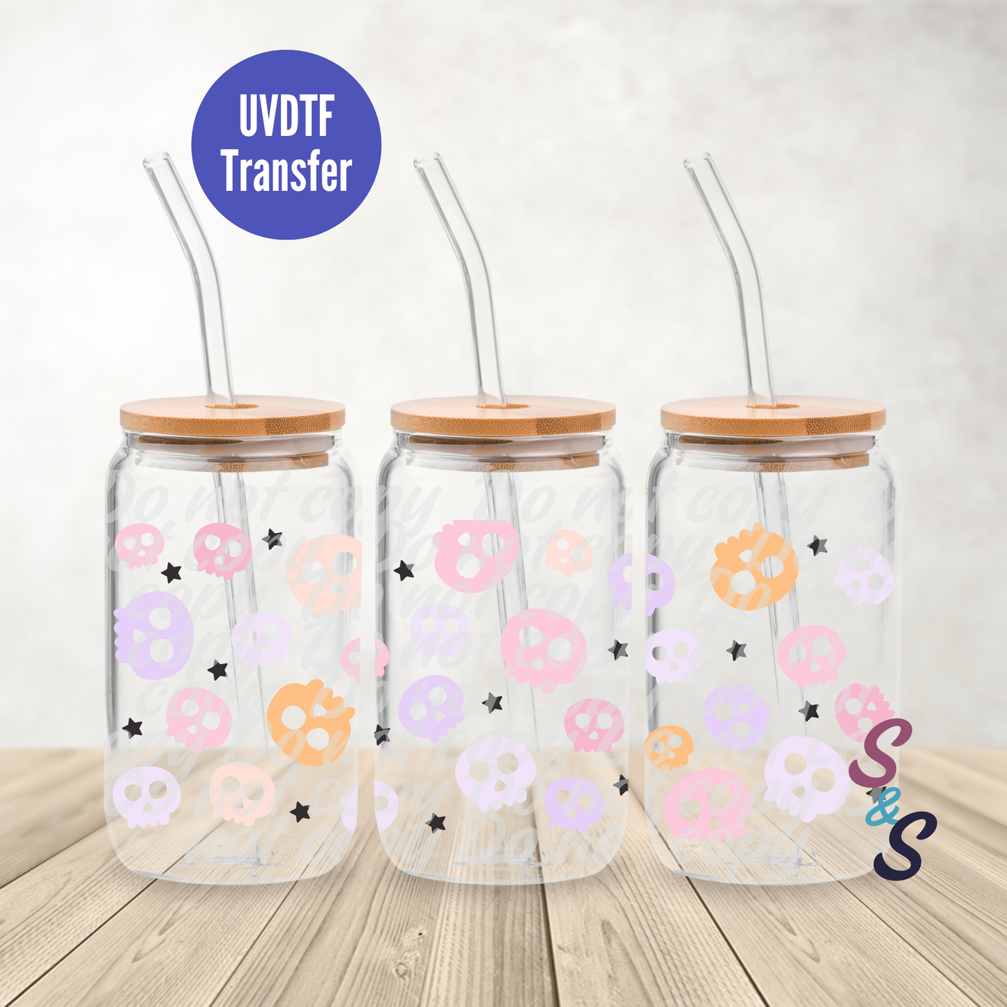 Pastel Spooky Skulls UVDTF Transfer 16 Oz Glass Can Wrap E111
