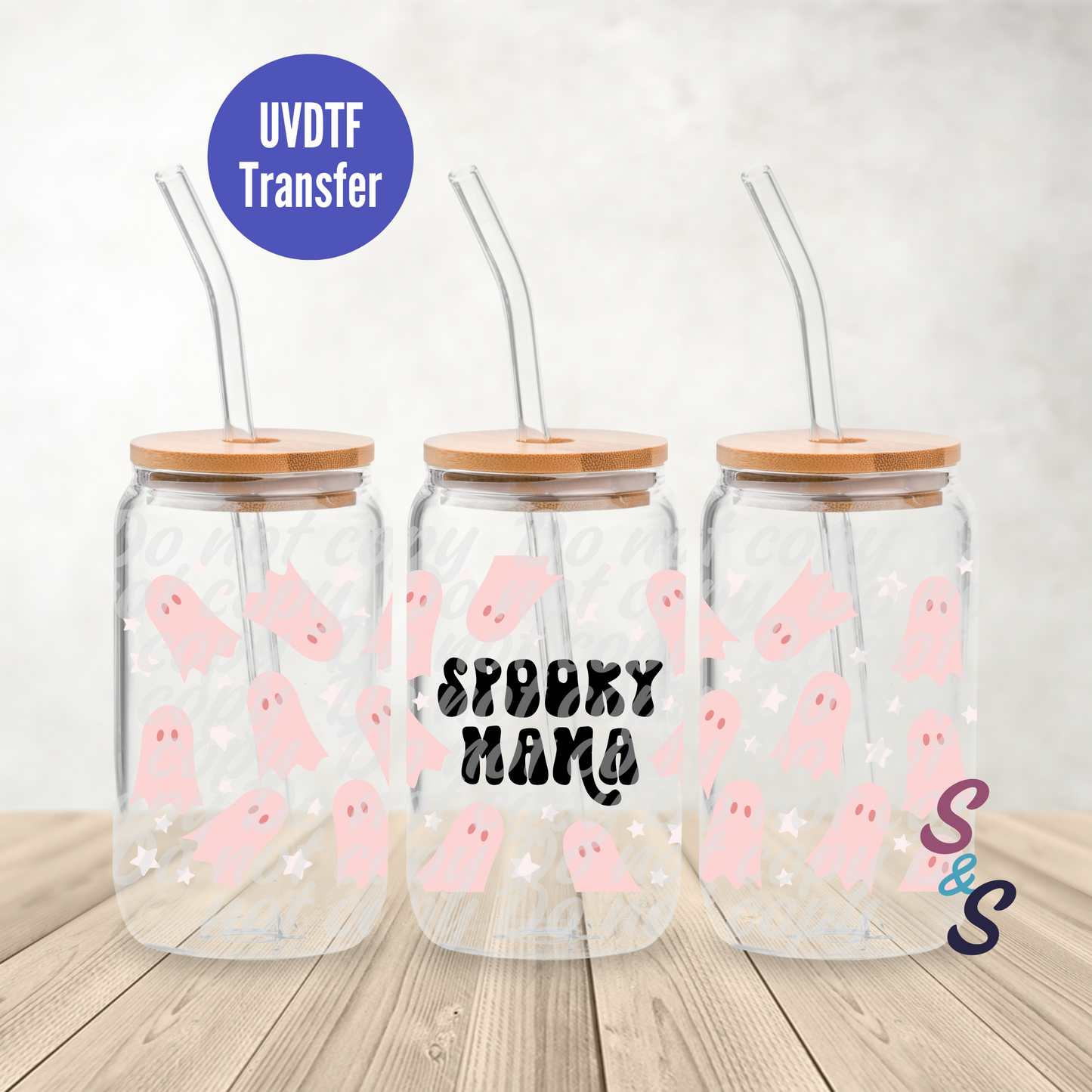 Spooky Mama Pink Ghosts UVDTF Transfer 16 Oz Glass Can Wrap E112