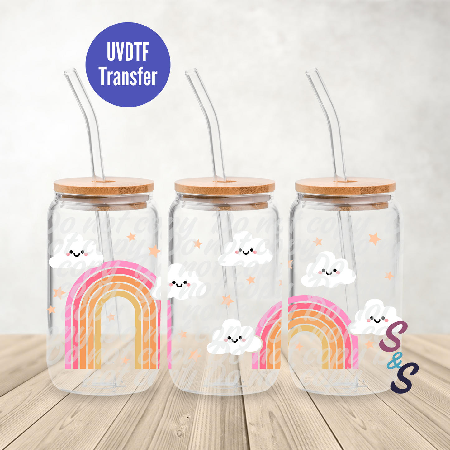 Rainbows & Clouds UVDTF Transfer 16 Oz Glass Can Wrap E113