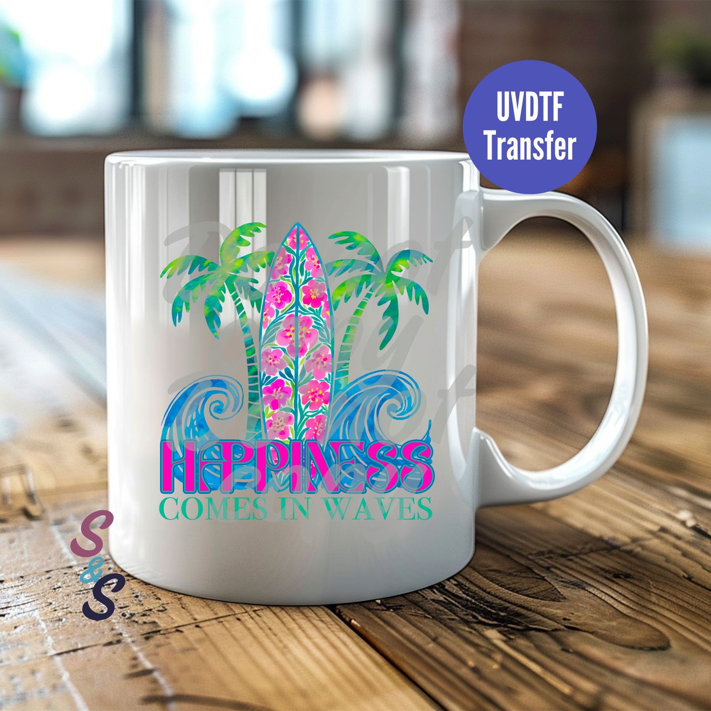 Happiness Comes In Waves Surf Board Mug UVDTF Transfer D208
