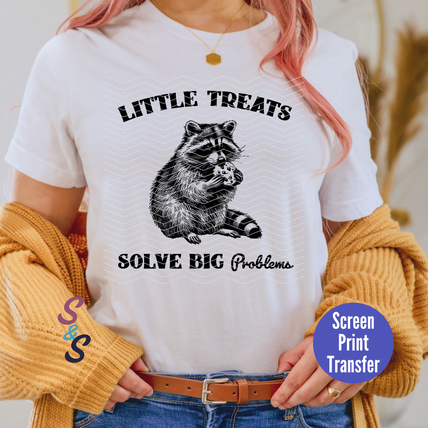 Little Treats Solve Big Problems Raccoon - Black Ink - Screen Print Transfer SC053