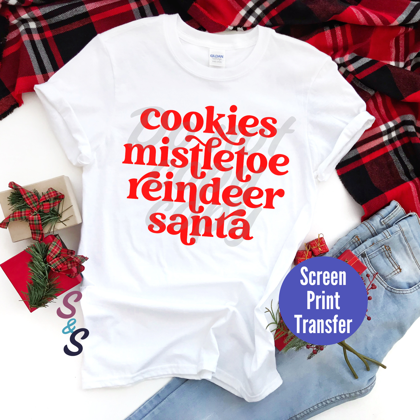 Cookies Mistletoe Reindeer Santa - Red Ink - Screen Print Transfer SC052