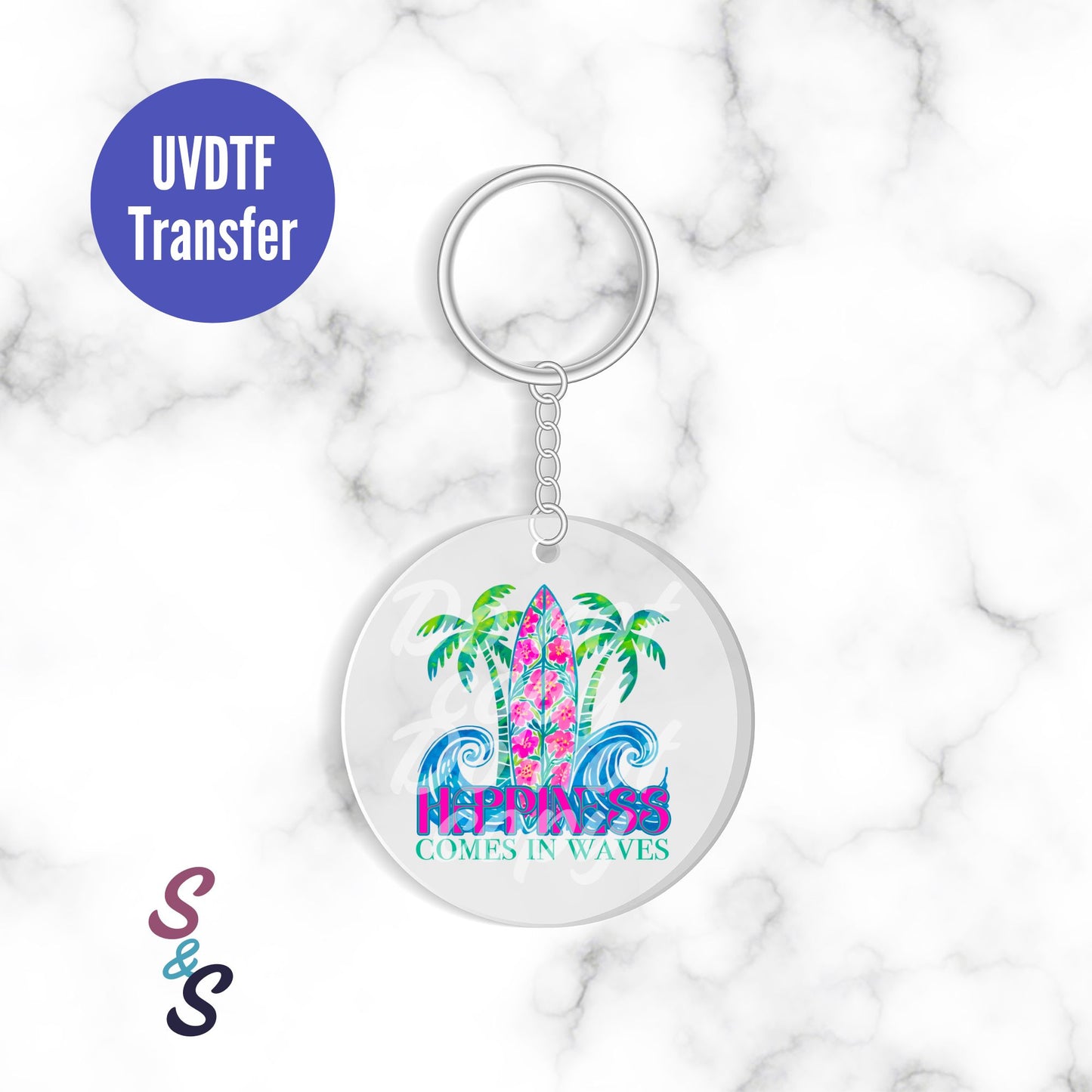 Happiness Comes In Waves Surfboard Keychain UVDTF Transfer KC210