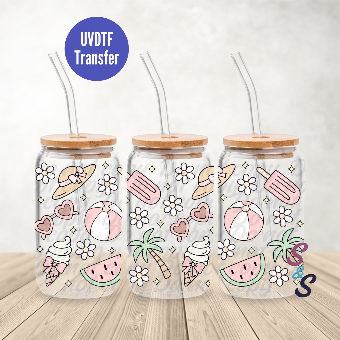 Girly Summer UVDTF Transfer 16 Oz Glass Can Wrap B114B