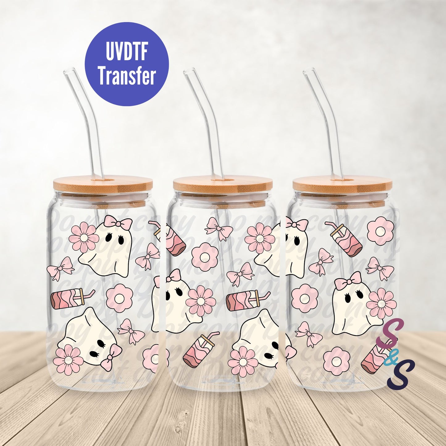 Pink Ghost Iced Coffee UVDTF Transfer 16 Oz Glass Can Wrap B115A