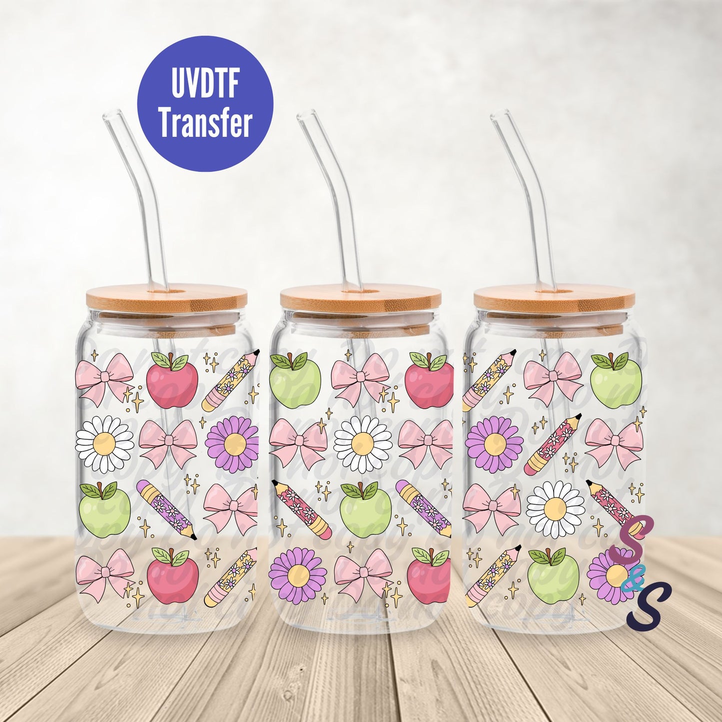 School Supplies & Bows UVDTF Transfer 16 Oz Glass Can Wrap B115B