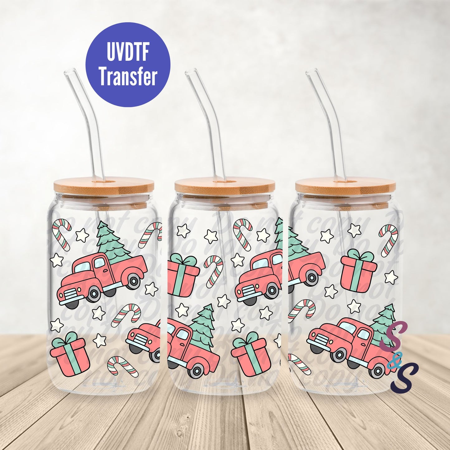 Christmas Truck UVDTF Transfer 16 Oz Glass Can Wrap B123A