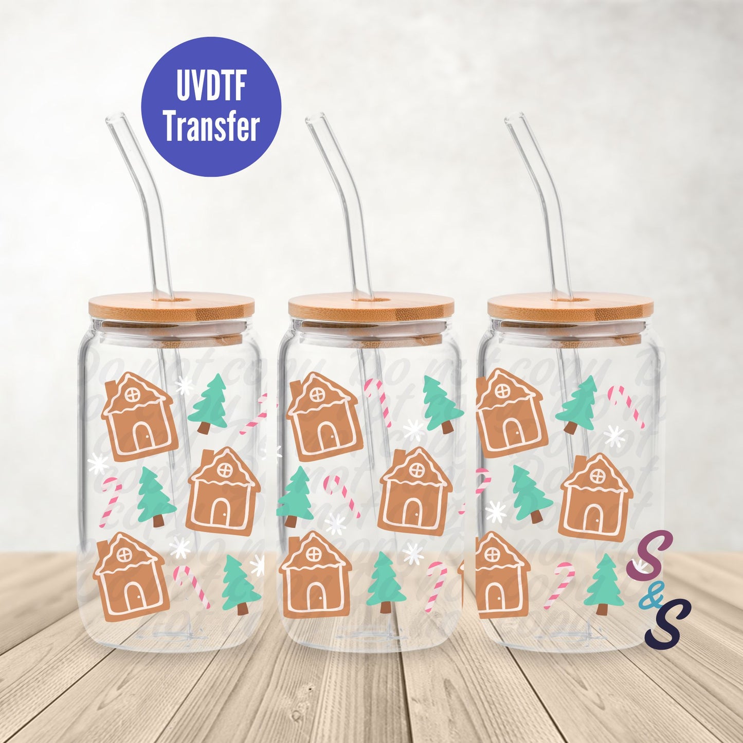 Gingerbread Houses UVDTF Transfer 16 Oz Glass Can Wrap B125B
