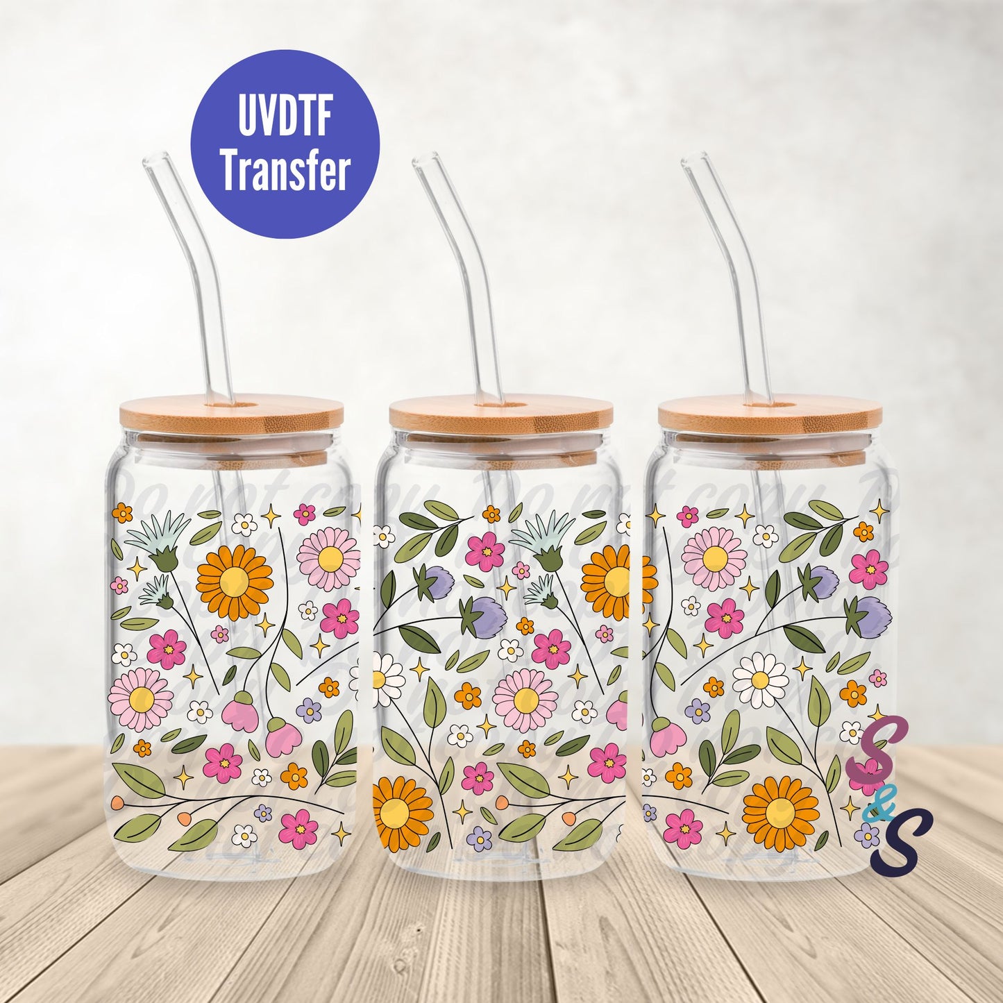 Summer Flowers UVDTF Transfer 16 Oz Glass Can Wrap B120A