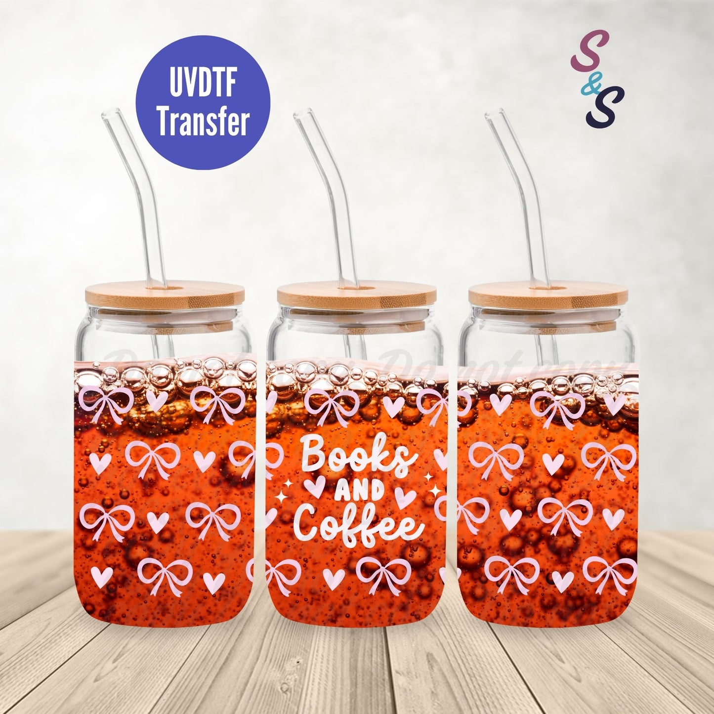 Books And Coffee Pink Bows UVDTF Transfer 16 Oz Glass Can Wrap B120B