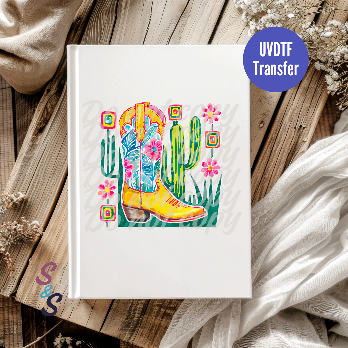Watercolor Cowboy Boot UVDTF Book/Notebook Transfer C224
