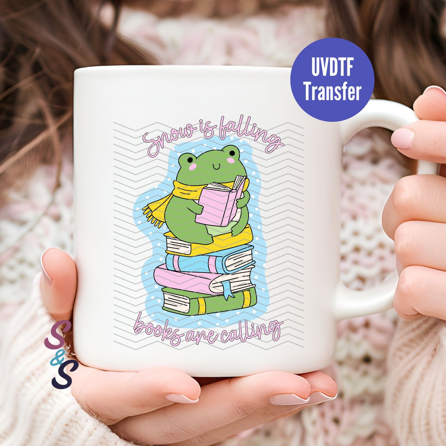 Snow Is Falling Books Are Calling Frog Mug UVDTF Transfer G109