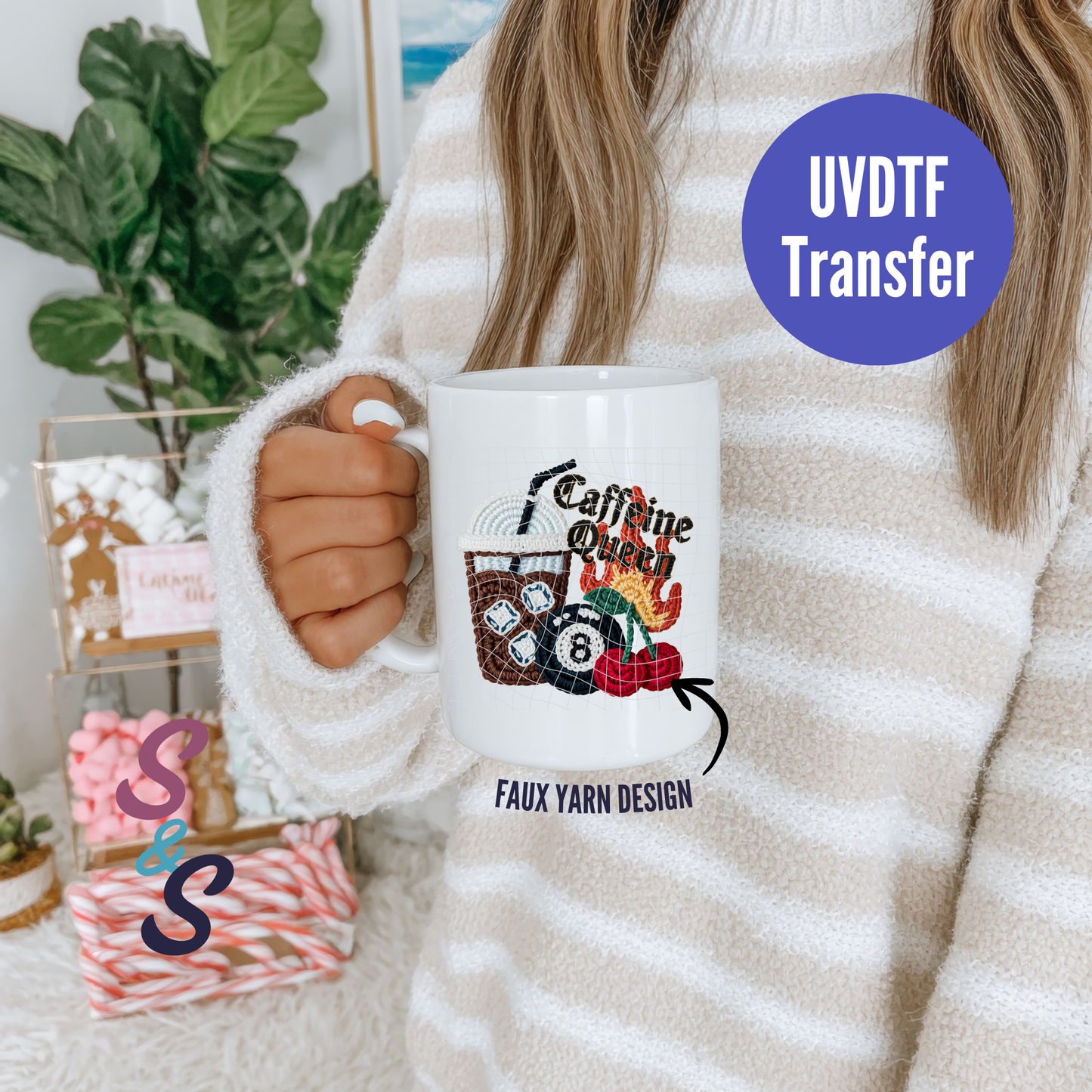 Caffeine Queen Faux Yarn Mug UVDTF Transfer