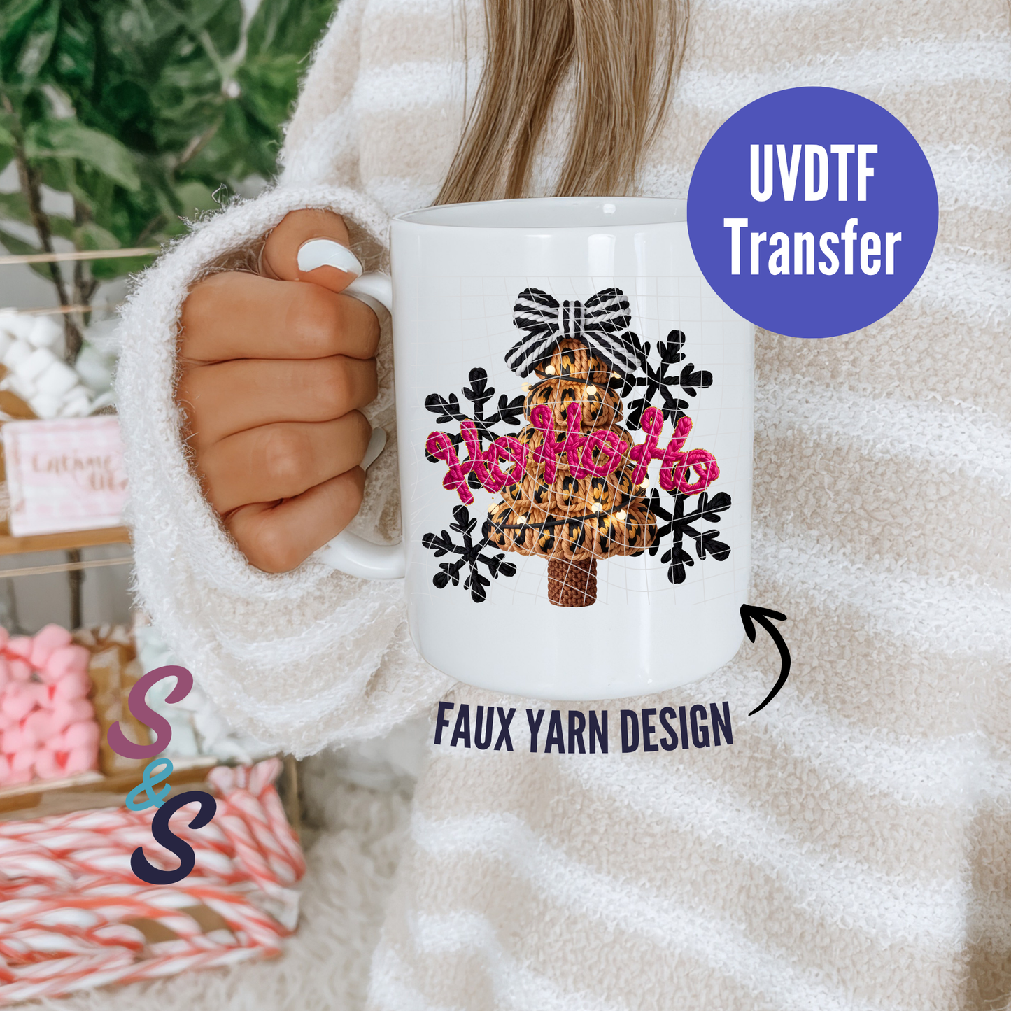 Ho Ho Ho Christmas Tree Faux Yarn Mug UVDTF Transfer