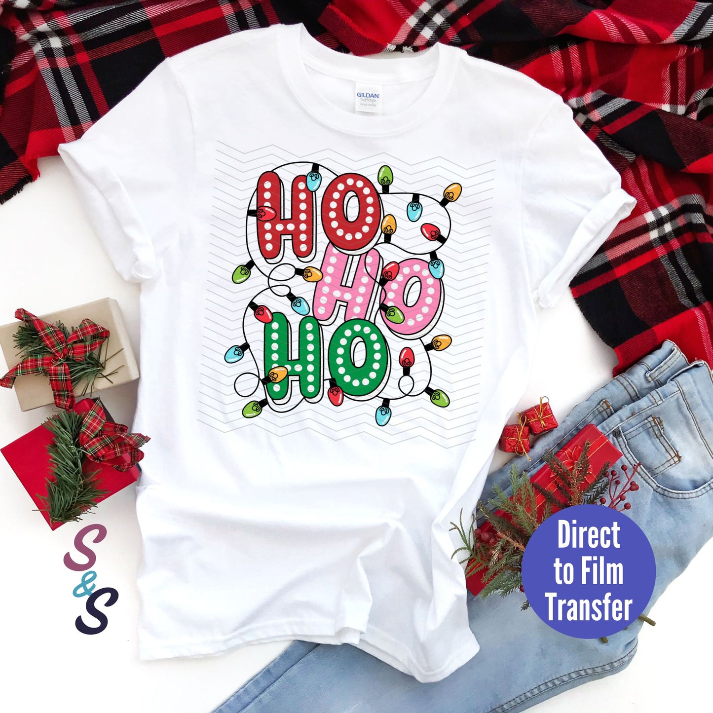 Ho Ho Ho - Christmas Lights - Direct To Film Print Transfer (DTF)
