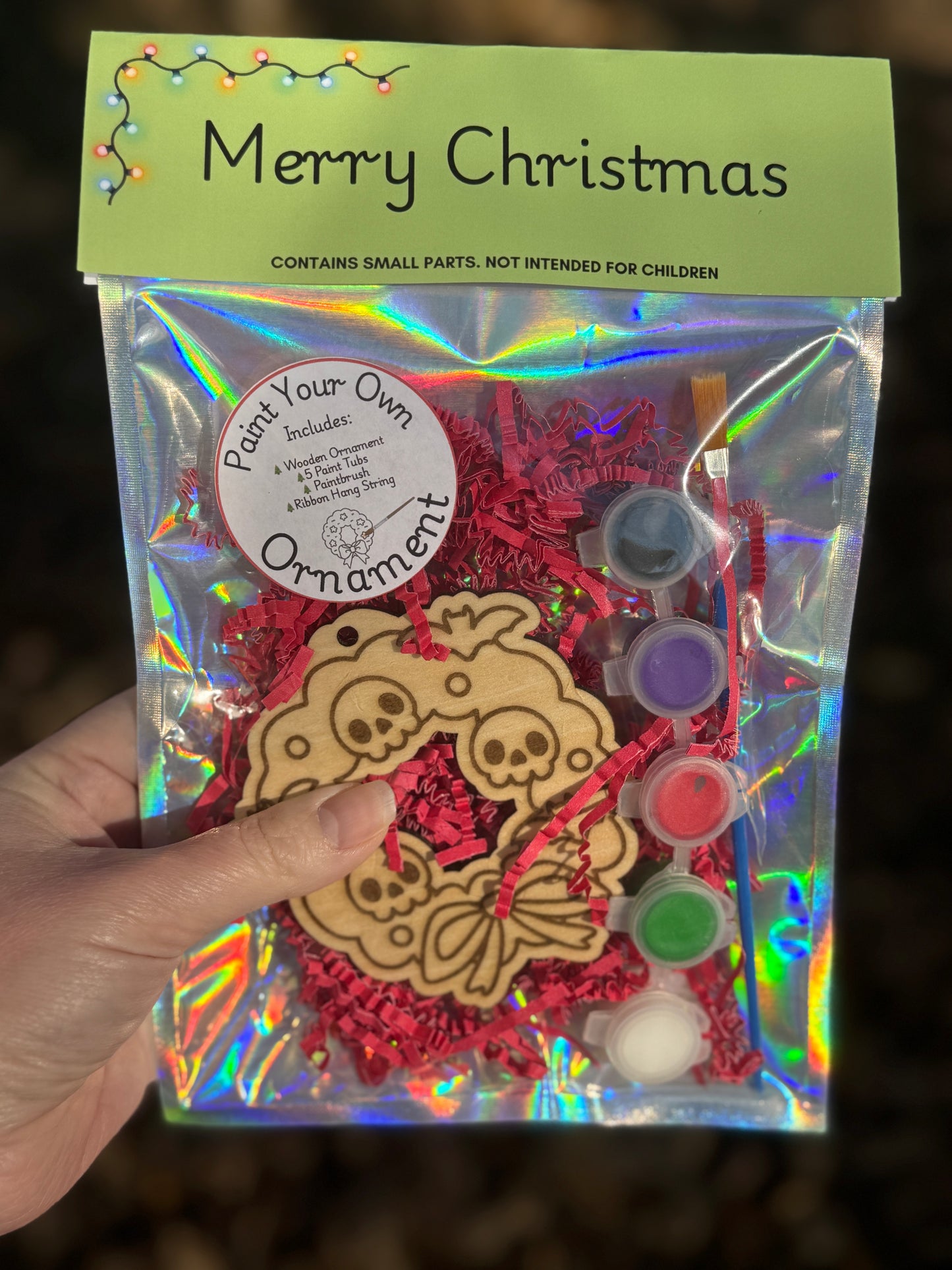 Skull & Bow Wreath Paintable Wooden Ornament Set