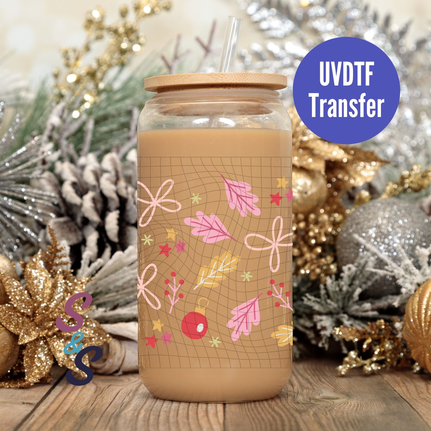 Festive Holiday UVDTF Transfer 16 Oz Glass Can Wrap