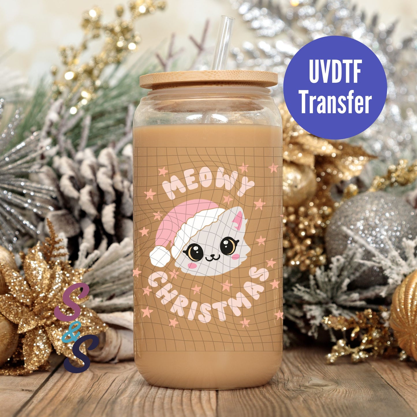 Meowy Christmas UVDTF Transfer 16 Oz Glass Can Wrap