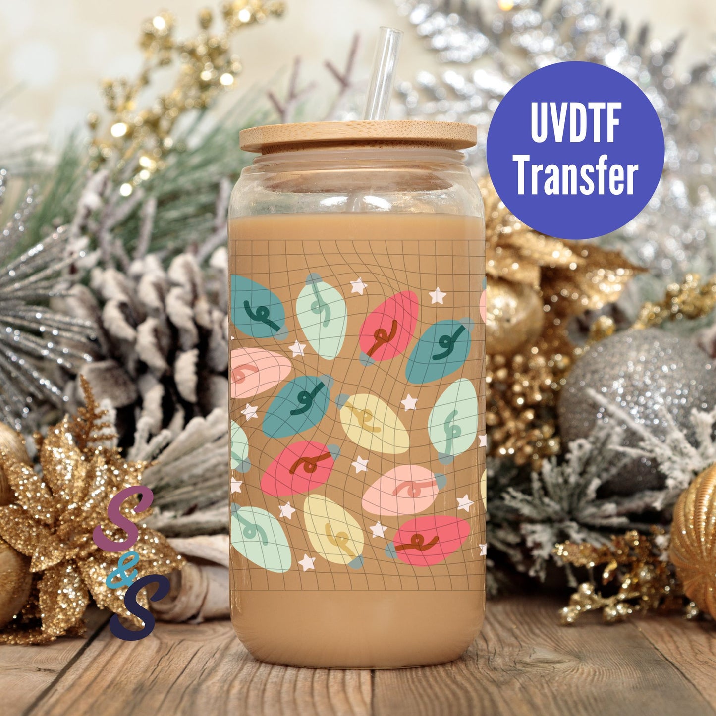 Christmas Lights UVDTF Transfer 16 Oz Glass Can Wrap