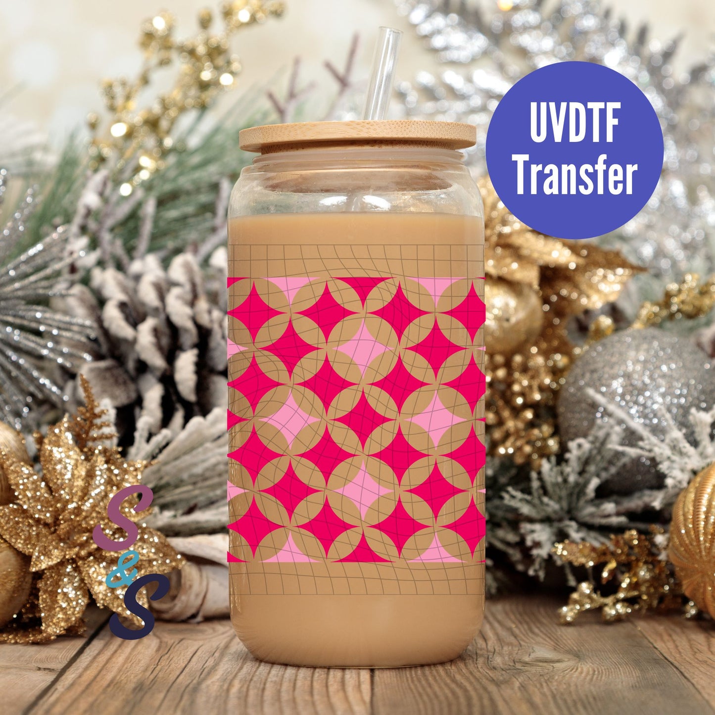 Christmas Sparkles UVDTF Transfer 16 Oz Glass Can Wrap