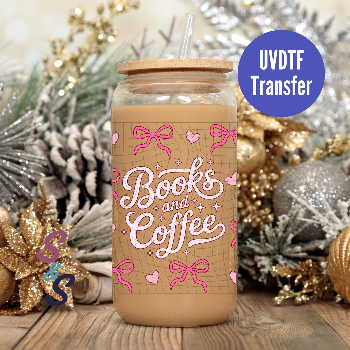 Books And Coffee Bows UVDTF Transfer 16 Oz Glass Can Wrap