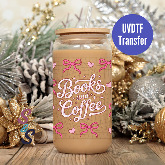 Books And Coffee Bows UVDTF Transfer 16 Oz Glass Can Wrap