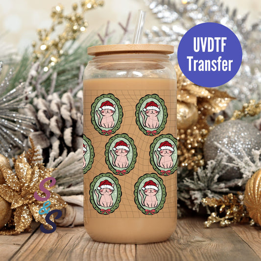Santa Cat Frames UVDTF Transfer 16 Oz Glass Can Wrap