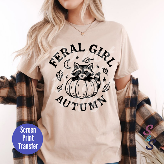 Feral Girl Autumn Raccoon - Black Ink - Screen Print SC040