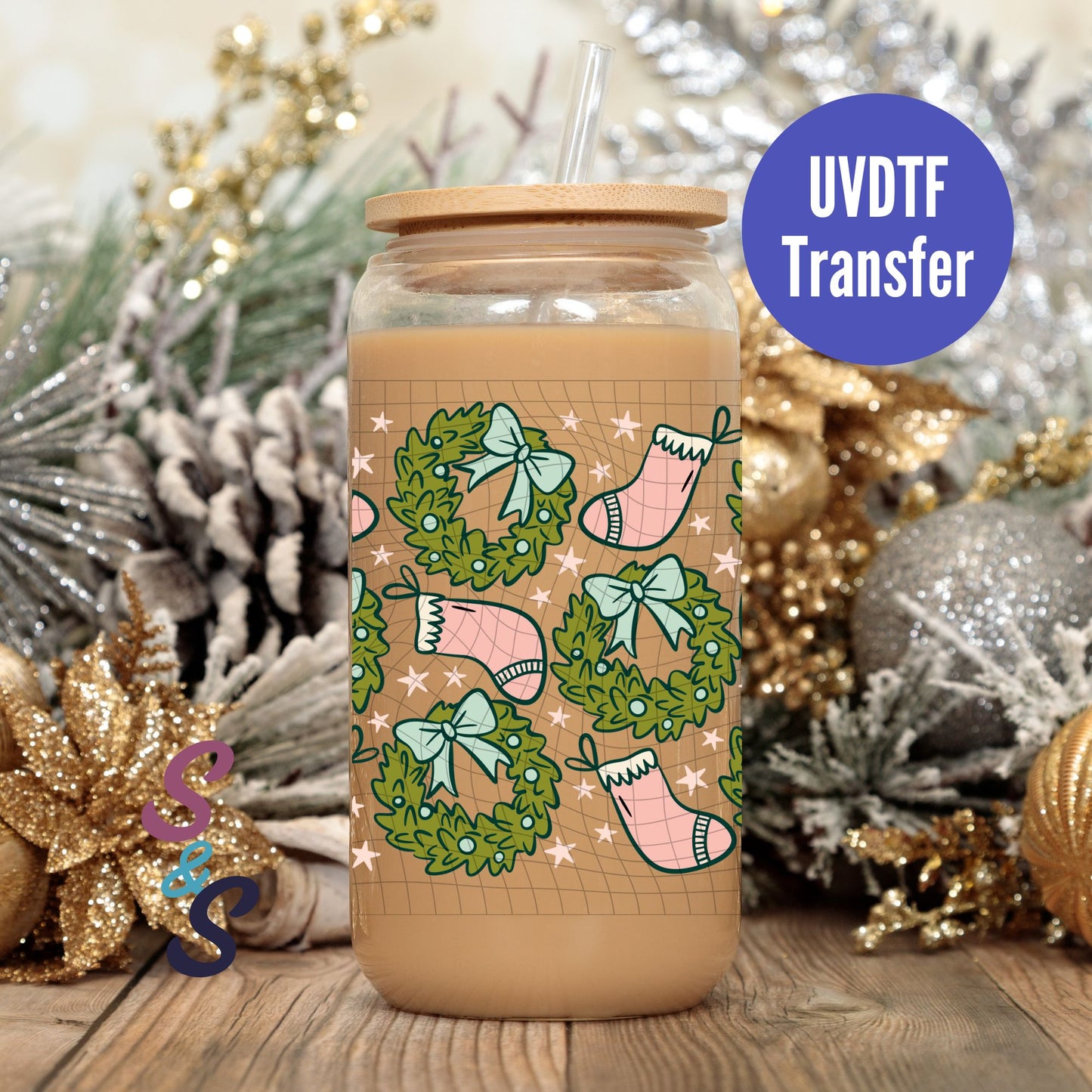 Stockings & Wreaths UVDTF Transfer 16 Oz Glass Can Wrap