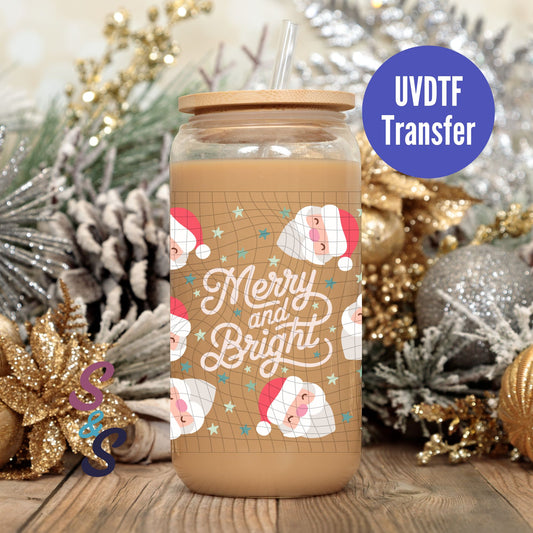 Merry And Bright Santa UVDTF Transfer 16 Oz Glass Can Wrap