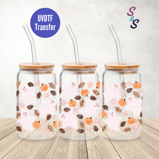 Fall Ghosts UVDTF Transfer 16 Oz Glass Can Wrap E128