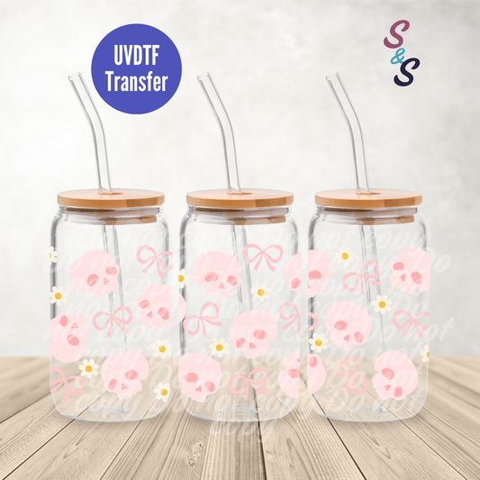Skulls & Bows UVDTF Transfer 16 Oz Glass Can Wrap B126B