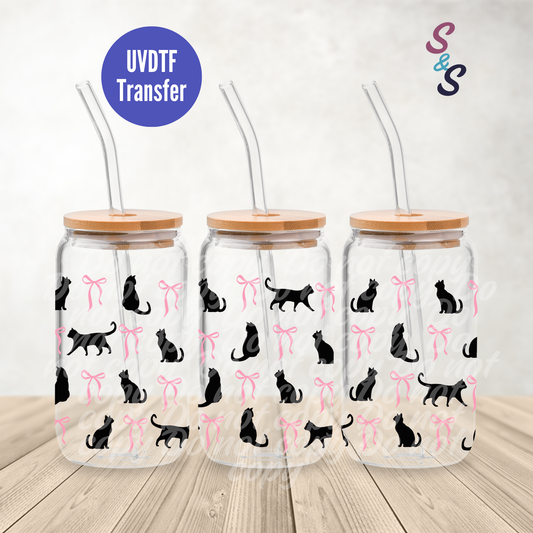 Black Cats & Bows UVDTF Transfer 16 Oz Glass Can Wrap B110A