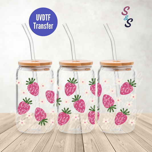Strawberries & Flowers UVDTF Transfer 16 Oz Glass Can Wrap
